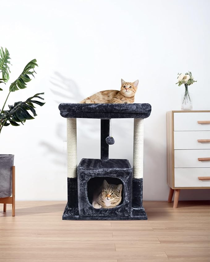 SYANDLVY 27IN Cat Tree for Indoor Cats Large Adult, Modern Activity Tower with Scratching Posts, Condo with Plush Perch, Climbing Stand with Spring Ball for Play, Smoky