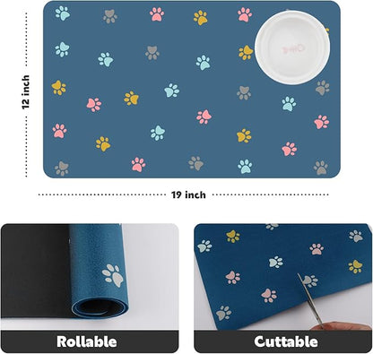 Cat Food Mat Absorbent Dog Mat for Food and Water Non Slip Quick Dry Dog Bowl Mats for Floors 19" X 12" Paw Lake Blue