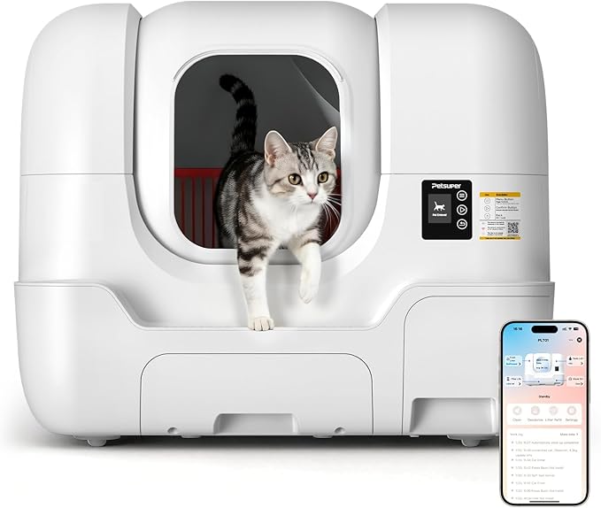 Automatic Cat Litter Box Self-Cleaning, Auto Sand Refilling, Auto Packing & Sealing, Auto Bag Replacement, One-Click Cleaning, Deodorization, APP Control, Radar Weight TOF Safety Sensors for Cats