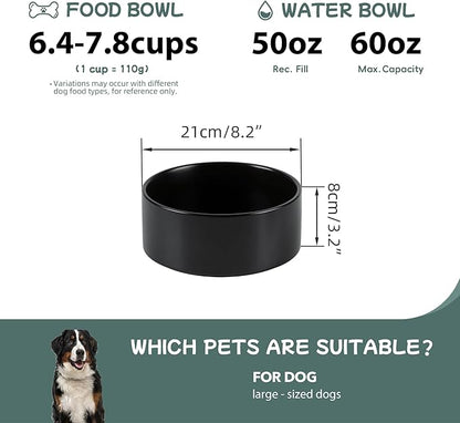 Non-Slip 8.2inch Ceramic Dog Food and Water Bowl for Large Breed Dogs, Pet Bowl for Replacement (Single Bowl, Black)