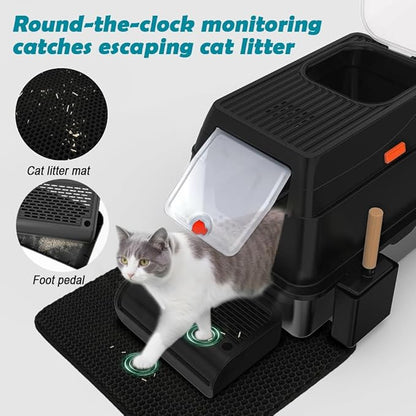 SZEE XL Stainless Steel Litter Box with Lid, Extra Large Metal Covered Litter Box, Stainless Box Easy Clean, Activated Charcoal Odor Control Design, Includes Litter Scoop & Mat & Step, Black