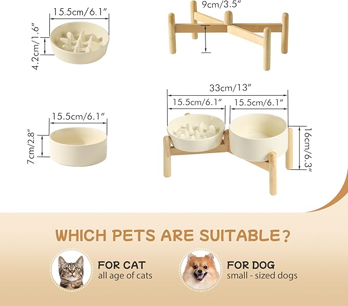 Ceramic 0.9 Cup Raised Slow Feeder Dog Bowl Set, Elevated 6.1inch Slow Dish and 6.1inch Water Bowl with Wooden Stand for Small Dogs (2 x Light Yellow+ Stand)