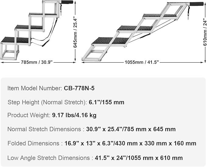 VEVOR 4-Step Dog Car Steps, Folding Dog Ramp with Nonslip Surface, Portable Pet Steps in Aluminum for Car, SUV and Truck, Supports up to 250 lbs