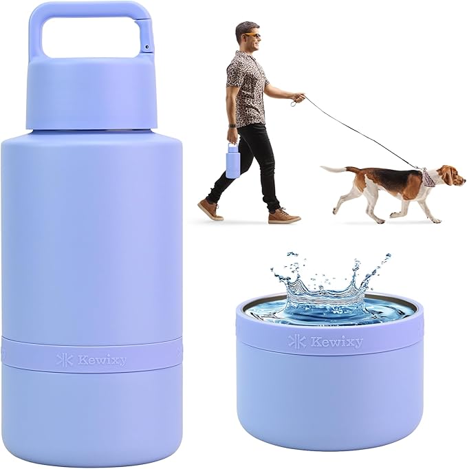 KEWIXY Insulated Dog Water Bottle with Travel Bowl, Dog Lover Gift, Portable Water Bottle Dispenser, Accessories for Car, Hiking, Camping, Outdoor, Leak-Proof, Detachable (Aurora Blue)