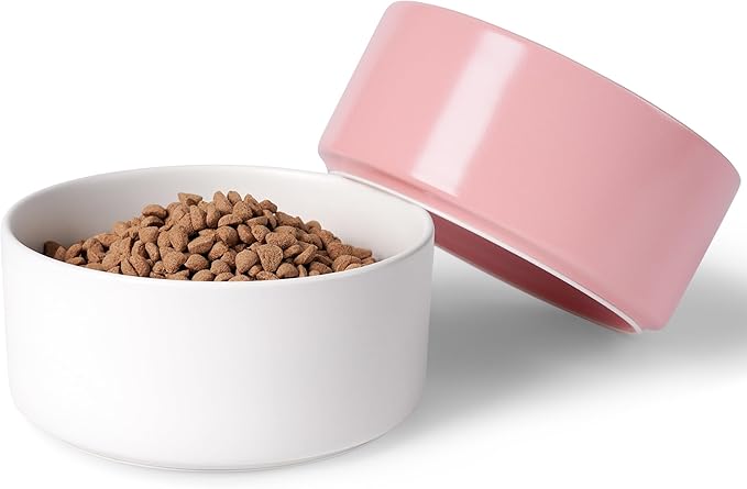 Dog Bowls, Non Slip Ceramic Dog Food and Water Bowl with Silicone Base, Heavy Pet Feeding Bowl for Puppies, Small and Medium Dogs (White+Pink, 6 Inches)