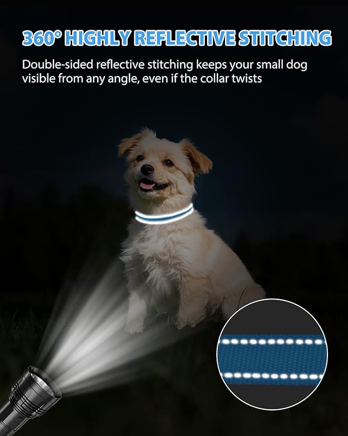 Joytale Dog Collars for Small Dogs, Feather-Light Double-Sided Reflective Nylon Collar for Night Safety, Adjustable Quick-Release for Growing Puppies, Sky Blue, S (5/8" Width)