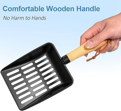 Cat Litter Scoop, Metal Litter Scoop, Heavy Duty Metal Cat Scooper for Litter Box, Black Sifter Scoop for Pellets, Wooden Handle Scoop with Hole, Kitty Necessity (Short)