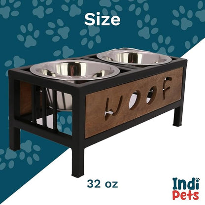 Indipets WOOF Design Wooden and Iron Stand with Stainless-Steel Bowls, Elevated Dog Feeder Bowls with Stand, Raised Bowls for pet (Medium)