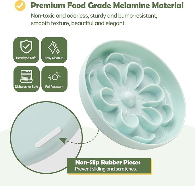 Slow Feeder Cat Food Bowl - Melamine Slow Eating Bowl for Dry & Wet Food - Cute Blossom Maze Cat Dish - Healthy Feeding, Whisker Friendly, Dishwasher Safe - 6.3''W x 1.1''H