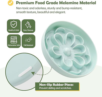 Slow Feeder Cat Food Bowl - Melamine Slow Eating Bowl for Dry & Wet Food - Cute Blossom Maze Cat Dish - Healthy Feeding, Whisker Friendly, Dishwasher Safe - 6.3''W x 1.1''H