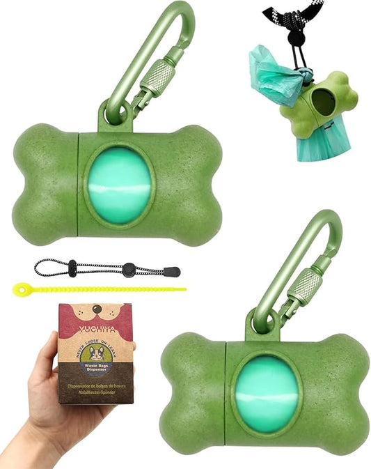 Dog Poop Pickup Bags Holder Dispenser with Standard-Sized Leak-Proof Scented Doggy Waste Bags and Carabiner with Safety Lock&Fastener Never Loose on Leash Lead Again (2 Holder 30 Bags, Green)