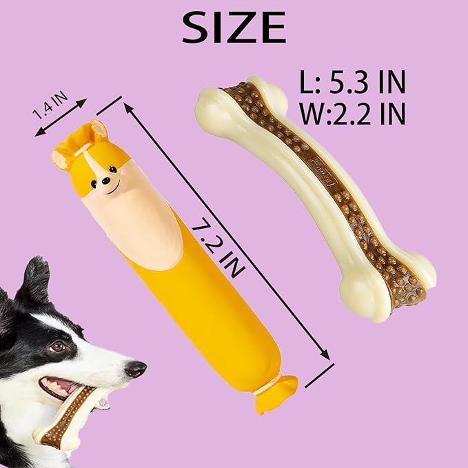 Dog Bone Chew+SqueakyToys for Aggressive Chewers, 2 Pack Real Beef Flavor+1Pack Latex Funny Interactive Toys , Indestructible Teething Toys for Medium/Large/Small Breed, Toy With Durable Nylon