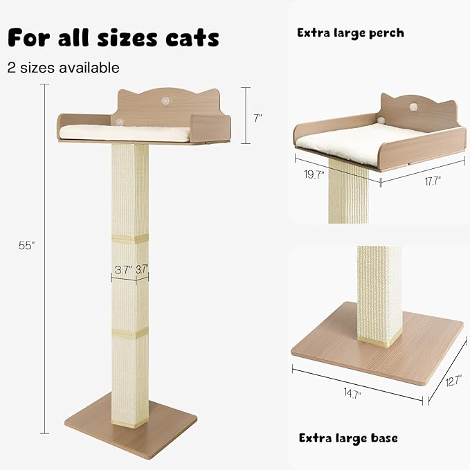 Cat Window Perch with Thick Sisal Scratching Post, Cats Hammock for Window with 3 Upgrade Suction Cups, 55" Adjustable Tall Cat Scratching Post with Large Perch, Cats Window Bed with Fluffy Cushion