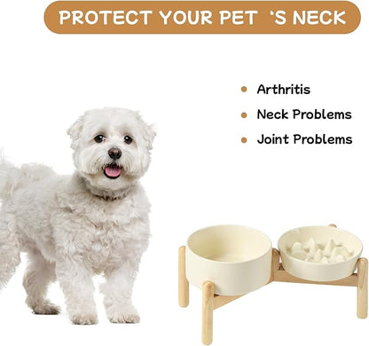Ceramic 0.9 Cup Raised Slow Feeder Dog Bowl Set, Elevated 6.1inch Slow Dish and 6.1inch Water Bowl with Wooden Stand for Small Dogs (2 x Light Yellow+ Stand)
