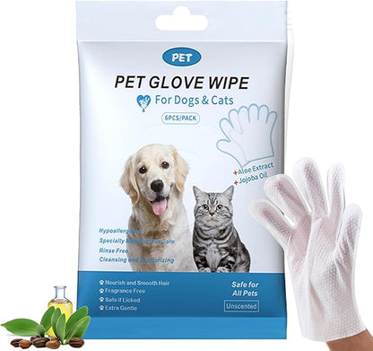 Pet Glove Wipes for Pet,Extra-Thick Rinse-Free Dog & Cat Grooming Gloves,Vet Recommended Hypoallergenic，Gentle & Safe for Cleaning,Deodorizing Wipes for Dander,6pcs unscent
