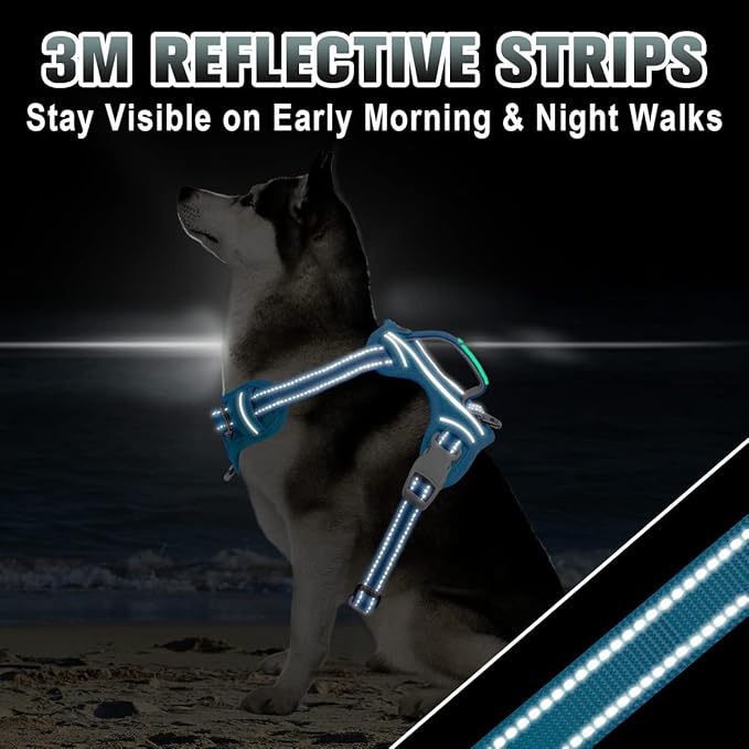 BARKBAY No Pull Dog Harness Large Reflective Dog Harness with Front Clip and Easy Control Handle for Walking Training Running with ID tag Pocket(Blue,M)