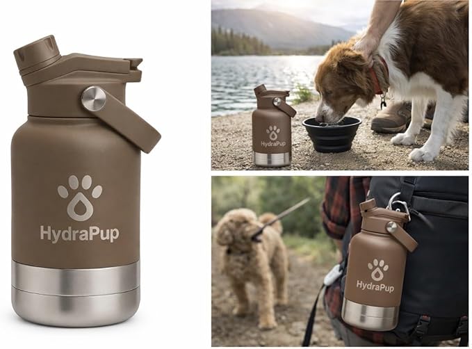 32oz Insulated Water Bottle with Dog Bowls – Human & Pet Shared Use, Stainless Steel Leakproof Travel Bottle (Cocoa Brown)