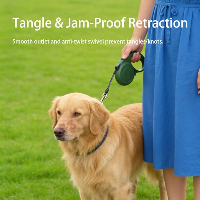 Retractable Dog Leash for Medium & Large Dogs up to 80 lbs, One-Handed Brake, 180kg Strong Nylon Tape, Tangle Free, Anti-Slip Handle (M & L Size) (Dark Green, M-4M)