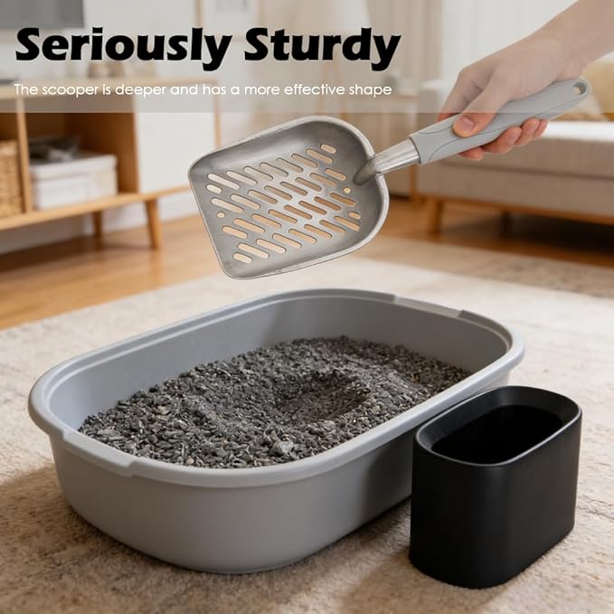 Metal Cat Litter Scoop with Holder, Aluminum Cats Litter Scooper Captures All Clumps, Heavy Duty Metal Kitty Scoopers with Holder, Cat Metal Scoop and Holder (Black)