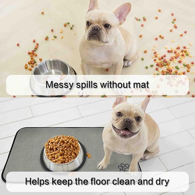 SINLAND Microfiber Pet Bowl Mat Dog Cats Feeding Mats for Food and Water Dish Drying Mat with Anti-Skid Backing 14.2Inch x 24Inch Grey