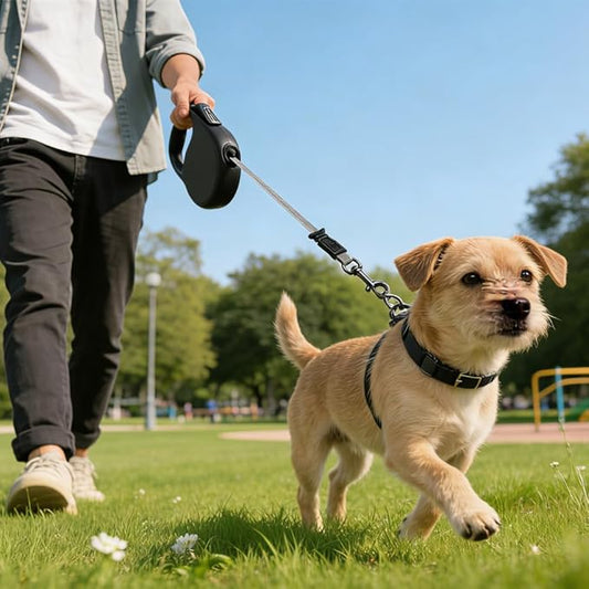 Retractable Dog Leash for Medium & Large Dogs up to 80 lbs, One-Handed Brake, 180kg Strong Nylon Tape, Tangle Free, Anti-Slip Handle (M & L Size) (Black, L-5M)