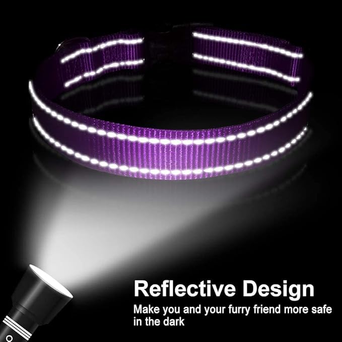 FunTags Reflective Dog Collar, Sturdy Nylon Collars for Medium Girl and Boy Dogs, Adjustable Dog Collar with Quick Release Buckle, Purple