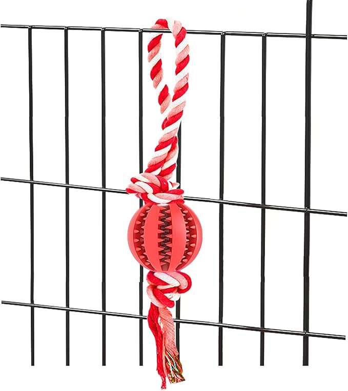 Interactive Dog Chew Toys Crate Training Aids for Puppies, Puzzle Treat Dispenser with Rope Dogs Toy Ball Reduce Stress Anxiety Peanut Butter Dog Food Treat Dispenser Toys (Red)