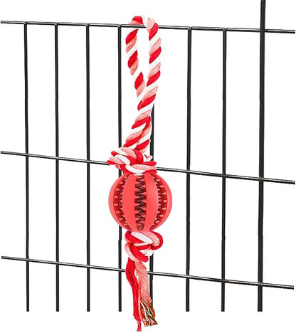Interactive Dog Chew Toys Crate Training Aids for Puppies, Puzzle Treat Dispenser with Rope Dogs Toy Ball Reduce Stress Anxiety Peanut Butter Dog Food Treat Dispenser Toys (Red)