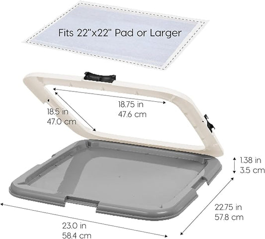 IRIS USA Pee Pad Holder - For Regular Sized Dog and Puppy Pee Pads, Secured Latches, Non-Skid Feet, High Polish Finish for Easy Cleaning, Leak Protection, Fits 22"x22" Pad or Larger, Square, Dark Gray