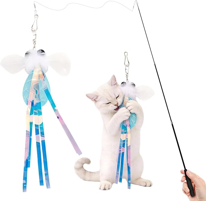 Walfront Cat Toys Interactive Wand, Sky Blue, Realistic Insect Teaser with Telescopic Rod, Cat Feather Wand for Indoor Play, Multi Cat Homes Kittens and Adult Cats, Happy Play and Relaxing Fun