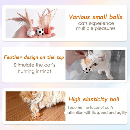 Cat Feather Bouncy Ball Toys, 3 PCS Cat Bulk Bouncy with Feathers, Elastic Bouncy Ball Cats Toys Set for Bored Indoor Adult Kitten Cats