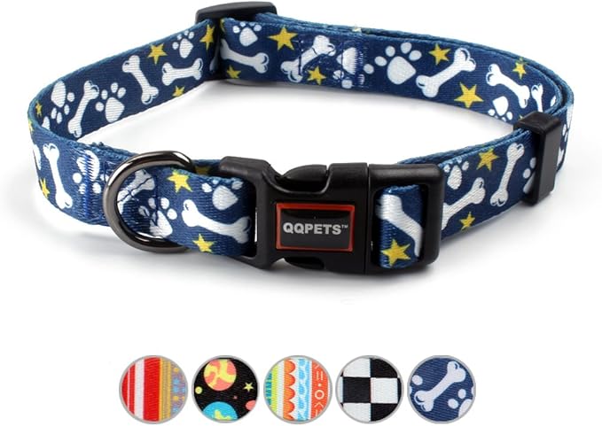QQPETS Adjustable Soft Dog Collar: Print Flower Pink Multicolor Cute Patterns for XS Small Medium Large Pet Girl Boy Puppy Walking Running Training (M, Bone)