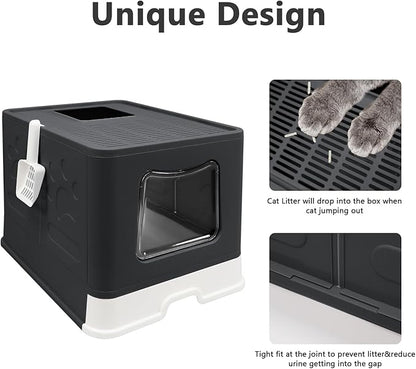 XL Foldable Cat Litter Box with Lid - Jumbo Enclosed Potty - Top Entry Anti-Splashing Toilet - Includes Scoop & 2-in-1 Cleaning Brush (Black)