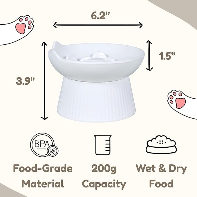 Unbreakable Raised Cat Bowls,Detachable Slow Feeder Pet Bowl, Heavy Weighted, Non-Slip Feeder, Elevated Small Dogs Slow Feeders, Dry & Wet Food, Whisker Friendly(White; 6.2'')
