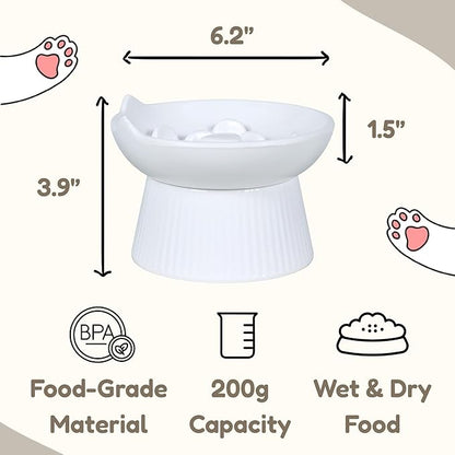 Unbreakable Raised Cat Bowls,Detachable Slow Feeder Pet Bowl, Heavy Weighted, Non-Slip Feeder, Elevated Small Dogs Slow Feeders, Dry & Wet Food, Whisker Friendly(White; 6.2'')
