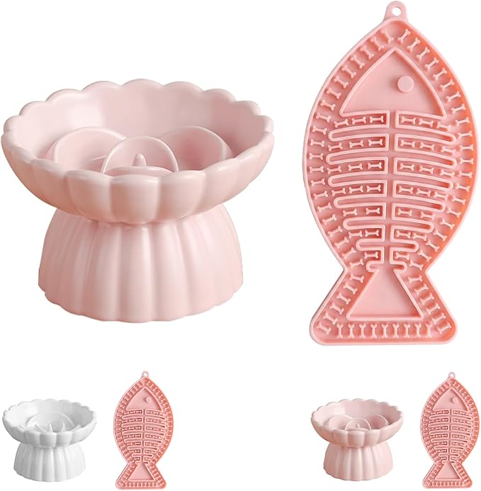 Ceramic Slow Feeder Cat Bowl 5.5inch with Lick Mat,Elevated Food Bowl for Cats and Small Dogs,Cute Flower Shape for Dry and Wet Food-Pink Bowl +Pink Lick Mat