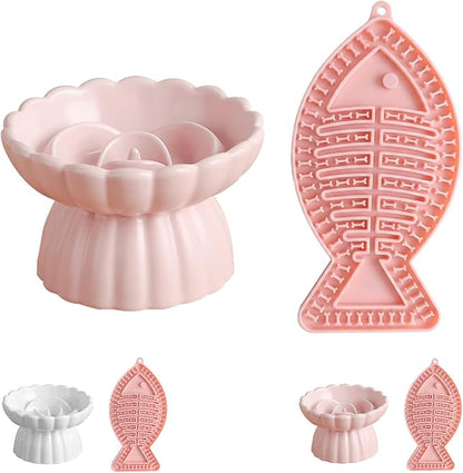 Ceramic Slow Feeder Cat Bowl 5.5inch with Lick Mat,Elevated Food Bowl for Cats and Small Dogs,Cute Flower Shape for Dry and Wet Food-Pink Bowl +Pink Lick Mat