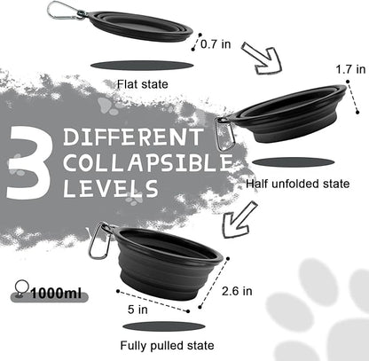 Collapsible Dog Bowls for Travel, 2-Pack Dog Portable Water Bowl for Dogs Cats Pet Foldable Feeding Watering Dish for Traveling Camping with Carabiners, BPA Free (Grey&Black, Large)