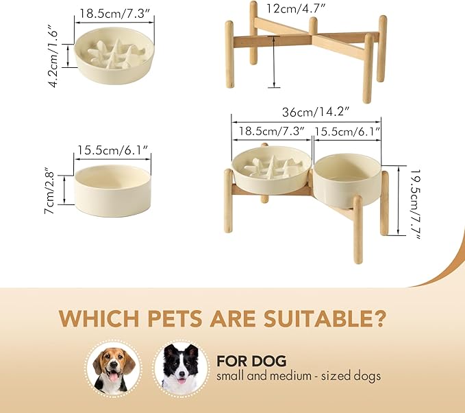 Ceramic 1.2 Cup Raised Slow Feeder Dog Bowl Set, Elevated 6.1inch Bowl and 7.3inch Slow Pet Food Dish with Wooden Stand for Small and Medium Dog (2 xLight Yellow+ Stand)