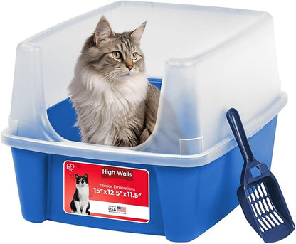 IRIS USA Large Open Top Cat Litter Box with High Sided Walls Tall Scatter Shield Scoop Included Easy Clean Plastic Pan Stain Resistant for Big Cats Kittens Indoor Multi-Cat Households
