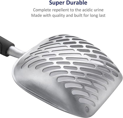 WePet Cat Litter Scoop, Aluminum Alloy Sifter, Kitty Metal Scooper, Deep Shovel with Diagonal Sifting Hole, Long Handle, Kitten Poop Lifter for Litter Box, Large Size, Black Handle