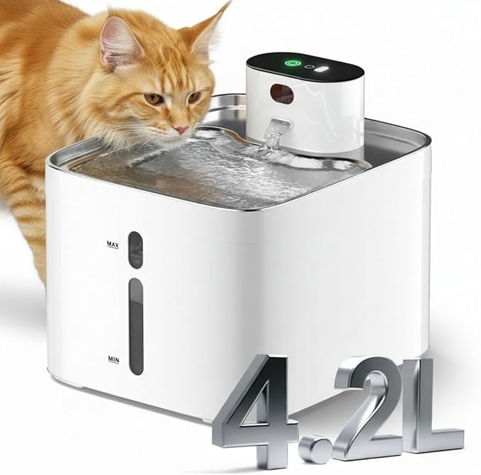 4.2L Pumpless Cat Water Fountain, 5000mAh Battery Operated Cat Fountain, Wireless Pet Water FountainsIndoor, Sensor and Timer Water Modes, Suitable for Cats and Small Dogs Indoor ((142-oz)