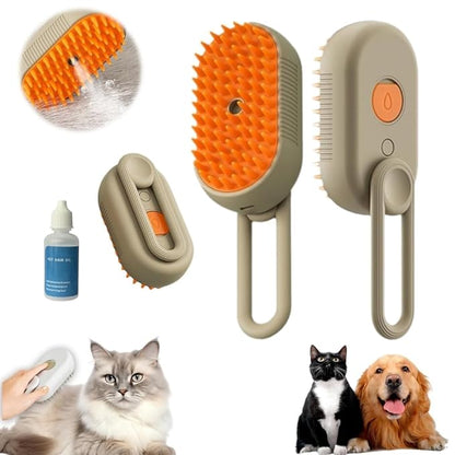 Pet Steam Groomer Comb,2024 Upgraded 3 in 1 Cat Steam Brush Pet Hair Steamy Brushes,Grooming Comb Tool for Pets Hair Removal with Steam for Massage Cleaning Shedding (Khaki, Short)