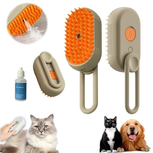 Pet Steam Groomer Comb,2024 Upgraded 3 in 1 Cat Steam Brush Pet Hair Steamy Brushes,Grooming Comb Tool for Pets Hair Removal with Steam for Massage Cleaning Shedding (Khaki, Short)
