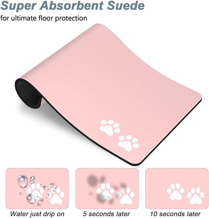 Rnivvi Dog Food Mat, 12" x 19" Footprint Absorbent Dog Cat Bowl Mat for Food and Water, Cute Anti-Slip Rubber Pet Feeding Rug Protect Floors, Puppy Placemat for Feeding & Watering Supplies, Pink