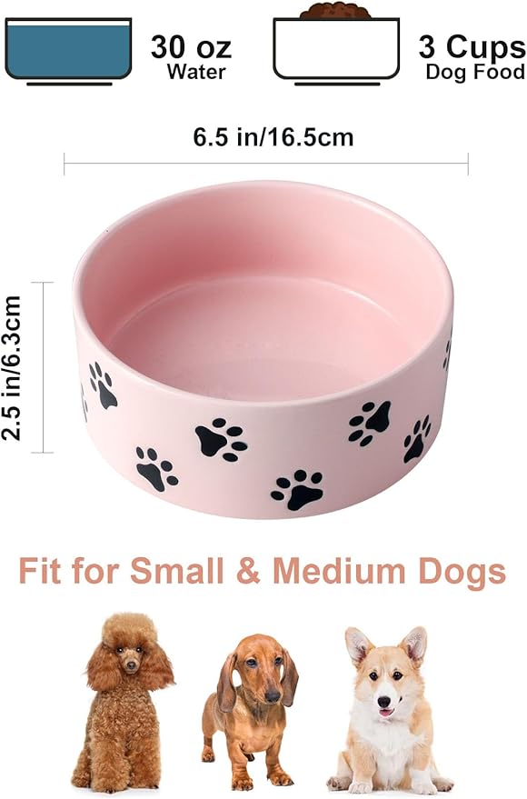 6.5 Inch Pink Ceramic Dog Bowl with Paw Print Pattern - Porcelain Wide Mouth Dog Food or Water Bowls, Large Feeding Pet Bowls for Indoor Medium Sized Dogs, for Wet or Dry Food
