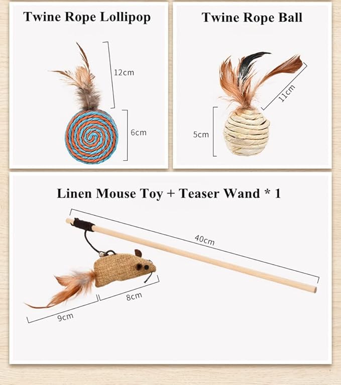 HAICHEN TEC 7 Pack Ferret Toys - Interactive Ferret Toys Assortments Feather Teaser Wand with Sisal Mice Balls and Bells Toys for Ferret Cat Kitten Puppy (7 Pack)