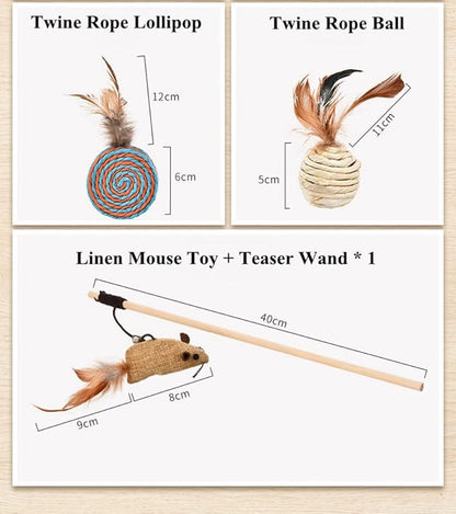 HAICHEN TEC 7 Pack Ferret Toys - Interactive Ferret Toys Assortments Feather Teaser Wand with Sisal Mice Balls and Bells Toys for Ferret Cat Kitten Puppy (7 Pack)