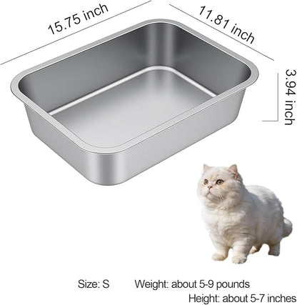 Stainless Steel Litter Box - Metal Small Cat Kitty Litter Box Pan, Indoor Low Entry Litterbox Tray, Odor-Free, Non-Stick, Easy Cleaning Pet Toilet Supplies for Kitten, Rabbit, Dog