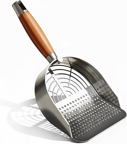 DHXYZZB Cat Litter Scoop 304 Stainless Steel Litter Shovel, Heavy Duty Litter Sifter, Litter Scooper with Wooden Handle Dual Sifting Design Perfect for Cat Litter Box Cleaning
